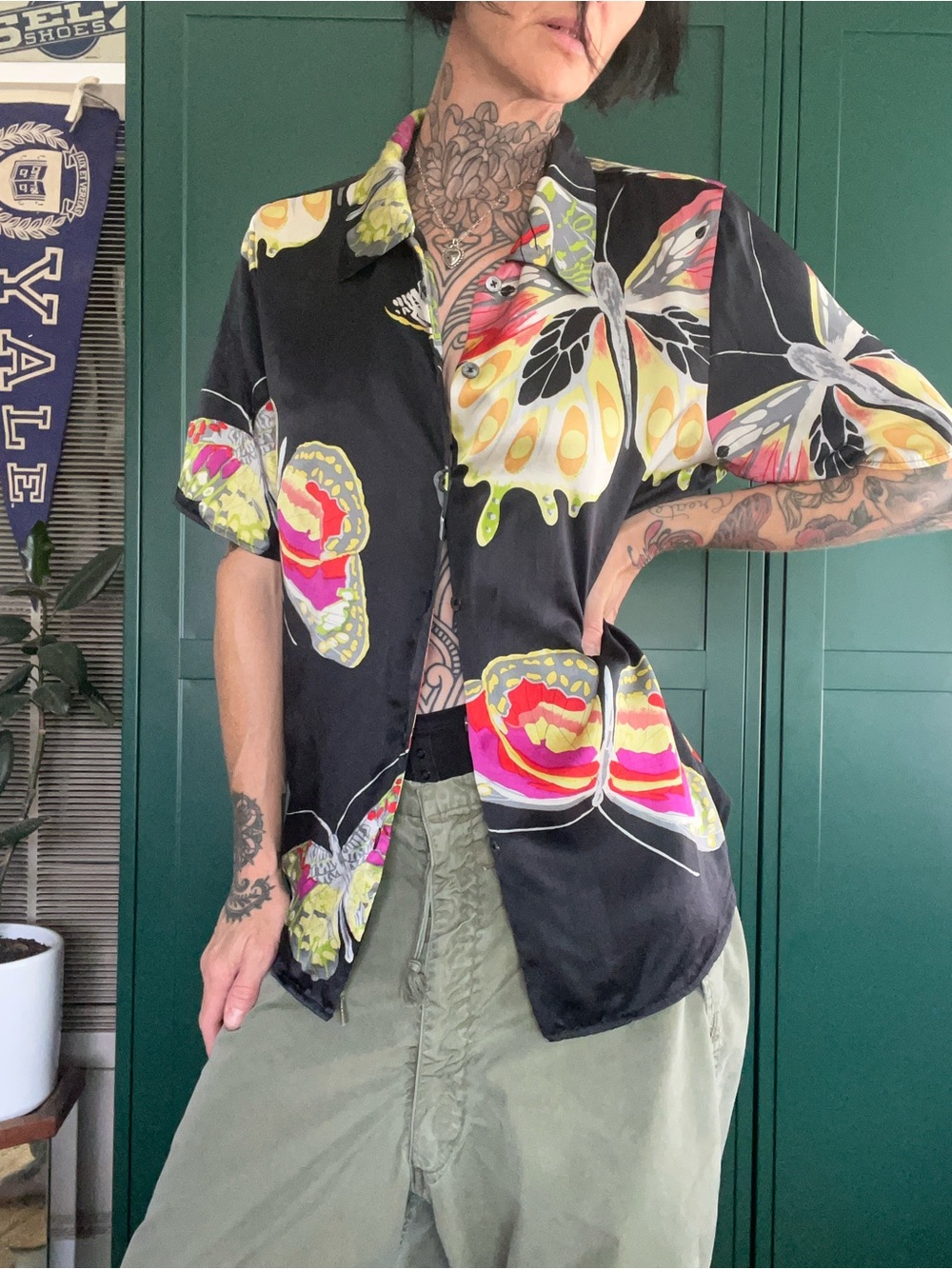 Vintage Citron Made in USA Silk Butterfly Print Button Down Shirt Large